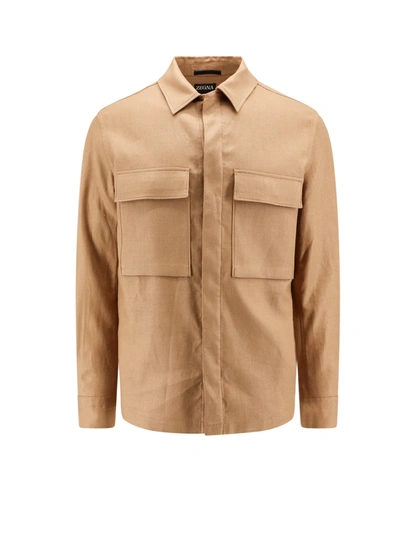Zegna Linen Shirt Jacket In Brown