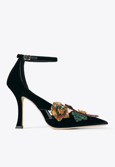 Jimmy Choo Azara Flower-embellished Velvet Courts In Black