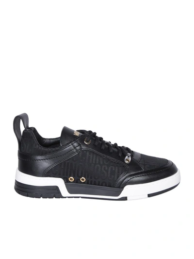 Moschino Logo-patterned Jacquard Leather Sneakers In Black