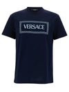 Versace Blue Crewneck T-shirt With 90's Logo Print In Blu