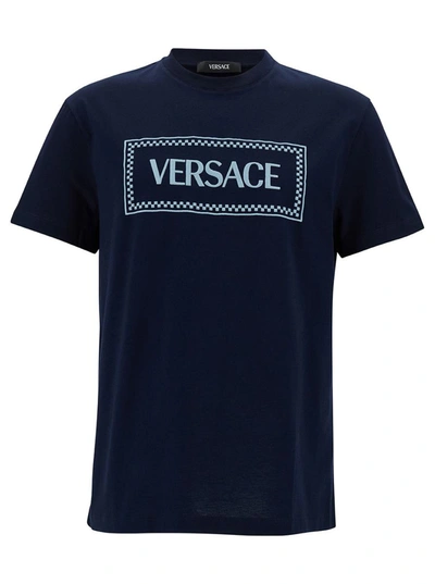 VERSACE BLUE CREWNECK T-SHIRT WITH 90'S LOGO PRINT IN COTTON MAN