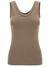 BRUNELLO CUCINELLI BROWN RIB TANK TOP WITH MONILE DETAIL IN STRETCH COTTON WOMAN