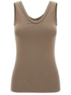 Brunello Cucinelli Grey Sleveless Top With Round Neck And Monile Detail On The Neck In Cotton Woman In Beige