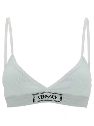 Versace White Sports Bra With Logo Embroidery In Stretch Cotton Woman