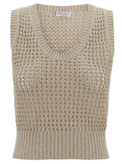 BRUNELLO CUCINELLI BEIGE KNIT VEST WITH ALL-OVER SEQUINS IN COTTON WOMAN