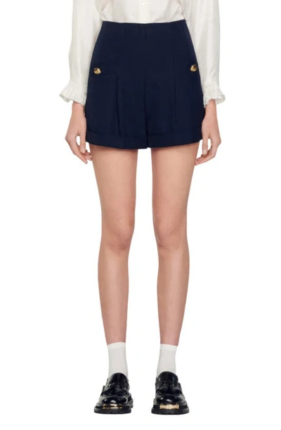 Sandro Siena High-waisted Wool-blend Shorts In Navy Blue