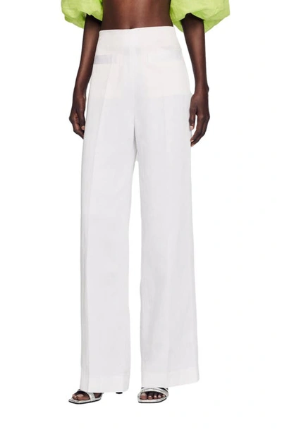 Sandro Pleated Slub-woven Wide-leg Pants In White