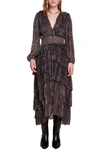 Maje Ruffinity Metallic Long Sleeve Tiered Maxi Dress In Brown