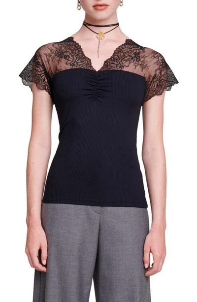 Maje Lace-panel V-neck Top In Black