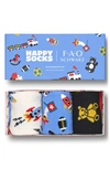 Happy Socks X Fao Schwarz Kids' Assorted 3-pack Crew Socks Gift Box In Assorted Blue