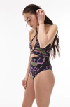 Topshop Smudge Animal Cut-out Halterneck Swimsuit In Multi In Black Multi