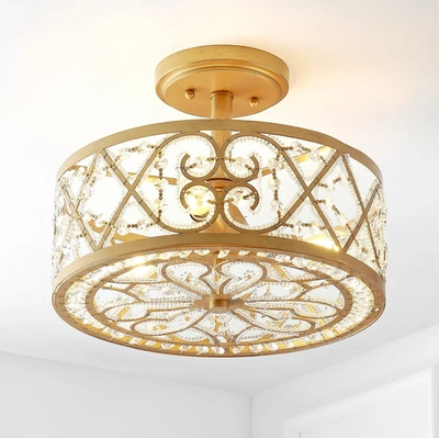 Jonathan Y Leila 3-light 13.25" Iron/crystal Modern Glam Led Flush Mount In Gold