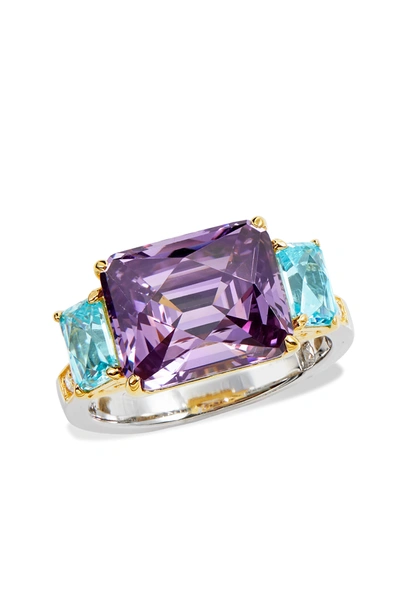 Savvy Cie Jewels Sterling Silver/gold Plated Tt Tycoon Cut Amethyst And Blue Topaz Statement Ring In White