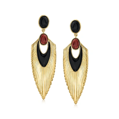 Ross-simons Black Agate And Garnet Art Deco-inspired Drop Earrings With Black Enamel In 18kt Gold Over Sterling In Red