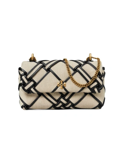 Tory Burch Kira Mini Flap Woven Canvas Shoulder Bag In Natural Black