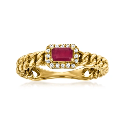 Ross-simons Ruby Curb-link Ring With Diamond Accents In 14kt Yellow Gold In Red