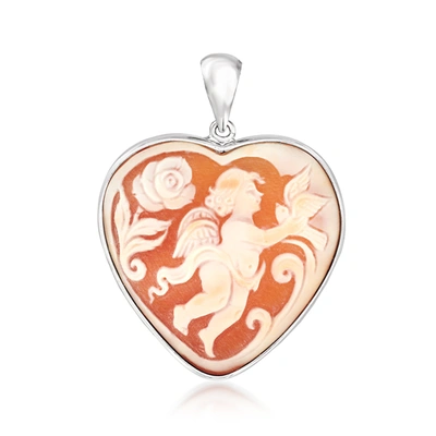 Ross-simons Orange Shell Heart-shaped Angel Cameo Pendant In Sterling Silver