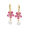 Ross-simons 7.5-8mm Cultured Pearl And . Pink Topaz Flower Drop Earrings With White Topaz Accents In 18kt Gold O In Pink