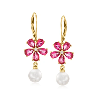 Ross-simons 7.5-8mm Cultured Pearl And . Pink Topaz Flower Drop Earrings With White Topaz Accents In 18kt Gold O