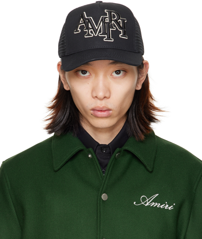 Amiri Black Staggered Logo Trucker Cap In Blackalabaster