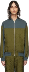 DRIES VAN NOTEN BLUE & KHAKI QUILTED BOMBER JACKET