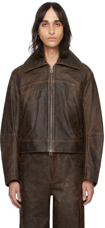 Eckhaus Latta Brown Hide Leather Jacket In Soil