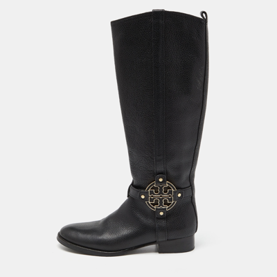 Pre-owned Tory Burch Black Leather Reva Knee Length Boots Size 39