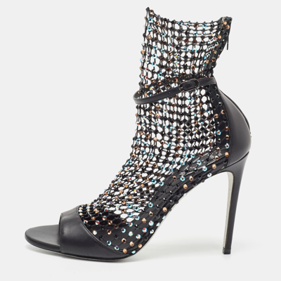 Pre-owned René Caovilla Rene Caovilla Black Leather And Crystal Embellished Mesh Galaxia Sandals Size 40