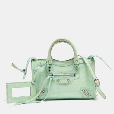 Pre-owned Balenciaga Mint Green Croc Embossed Patent Leather Nano Classic City Tote
