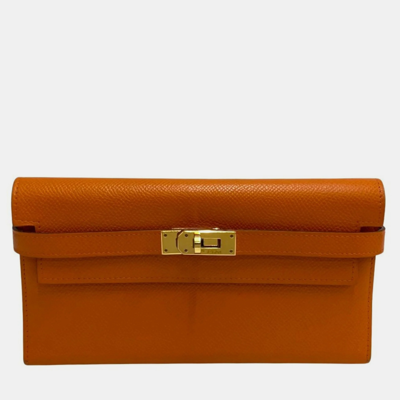 Pre-owned Hermes Kelly Wallet Long Vaux Epson Leather Genuine Orange
