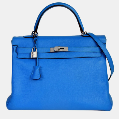 Pre-owned Hermes Kelly 35 Inner Stitch Mykonos Taurillon Clemence R Stamped (manufactured In 2014) Handbag Wit In Blue