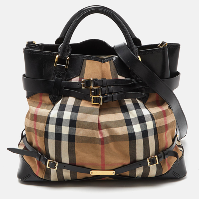 Pre-owned Burberry Black House Check Canvas And Leather Large Bridle Lynher Tote In Beige