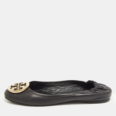 Pre-owned Tory Burch Black Leather Reva Scrunch Ballet Flats Size 39