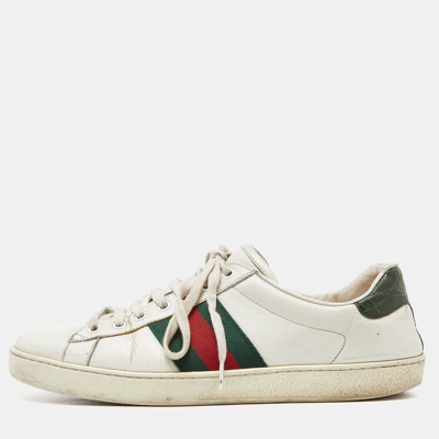 Pre-owned Gucci White Leather Web Ace Low Top Trainers Size 42.5
