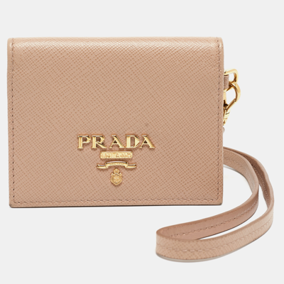 Pre-owned Prada Beige Saffiano Leather Card Holder With Strap