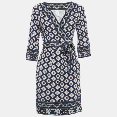Pre-owned Diane Von Furstenberg Pink/blue Printed Silk Wrap Midi Dress