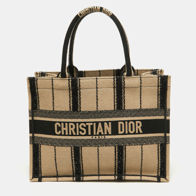 Pre-owned Dior Black/beige Embroidered Canvas Medium Book Tote