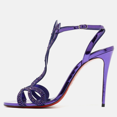 Pre-owned Christian Louboutin Purple Crystal Embellished Patent Leather Double L Sandals Size 39.5