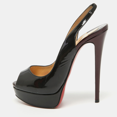 Pre-owned Christian Louboutin Black Patent Leather Lady Peep Slingback Pumps Size 38