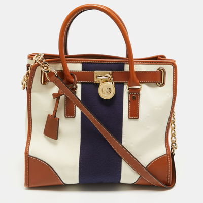 Pre-owned Michael Michael Kors Tricolor Canvas And Leather Large Hamilton North South Tote In Multicolor