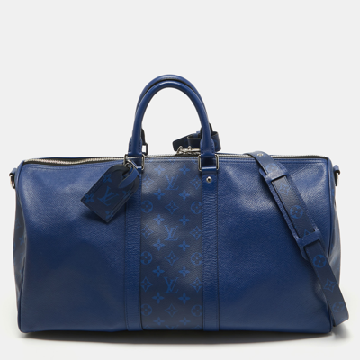 Pre-owned Louis Vuitton Pacific Blue Taiga Leather And Monogram Eclipse Canvas Keepall Bandouliere 50
