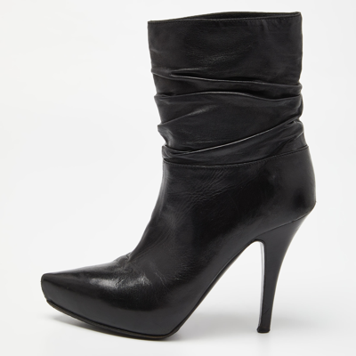 Pre-owned Le Silla Black Leather Rucched Detail Ankle Length Pointed Toe Boots Size 36.5