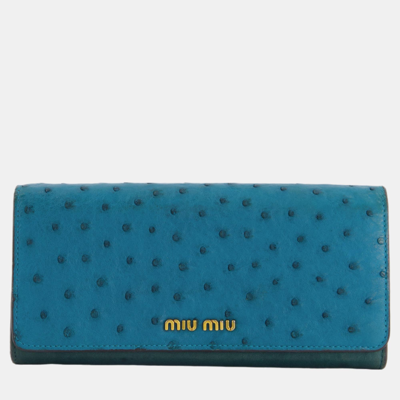 Pre-owned Miu Miu Teal Ostrich Long-line Wallet With Gold Hardware In Blue