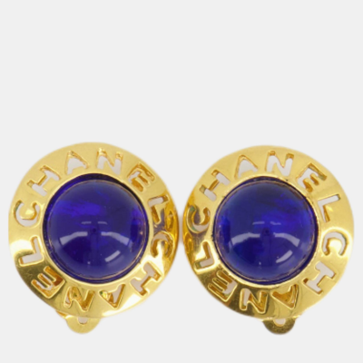 Pre-owned Chanel Vintage Yellow Gold With Blue Pearl Round Clip-on Earrings With Cc Logo