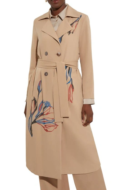 Misook Floral Embroidered Belted Double Breasted Trench Coat In Sand/russet/biscotti/lyons