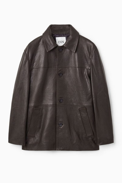 Cos Collared Grained-leather Jacket In Brown