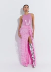 LAPOINTE SATIN MAXI SKIRT WITH FEATHERS