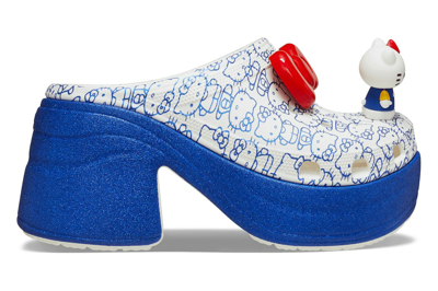 Pre-owned Crocs Siren Clog Hello Kitty 50th Anniversary Blue Glitter In White/blue