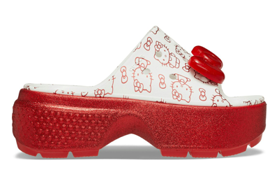 Pre-owned Crocs Stomp Slide Hello Kitty 50th Anniversary Red Glitter In White/red