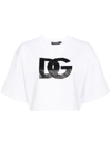 Dolce & Gabbana White Cotton Cropped T-shirt With Drop Shoulder And Logo Print For Women In White
